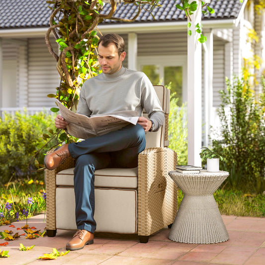 Outsunny 145 Degree Reclining Rattan Armchair With Footrest Khaki Beige Outdoor Lounge Chair