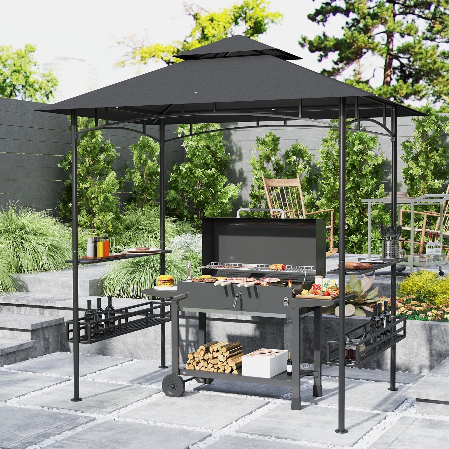 Outsunny 150 by 240 cm BBQ Grill Gazebo With Shelves Grey Outdoor Cooking Shelter for Garden Patio Party