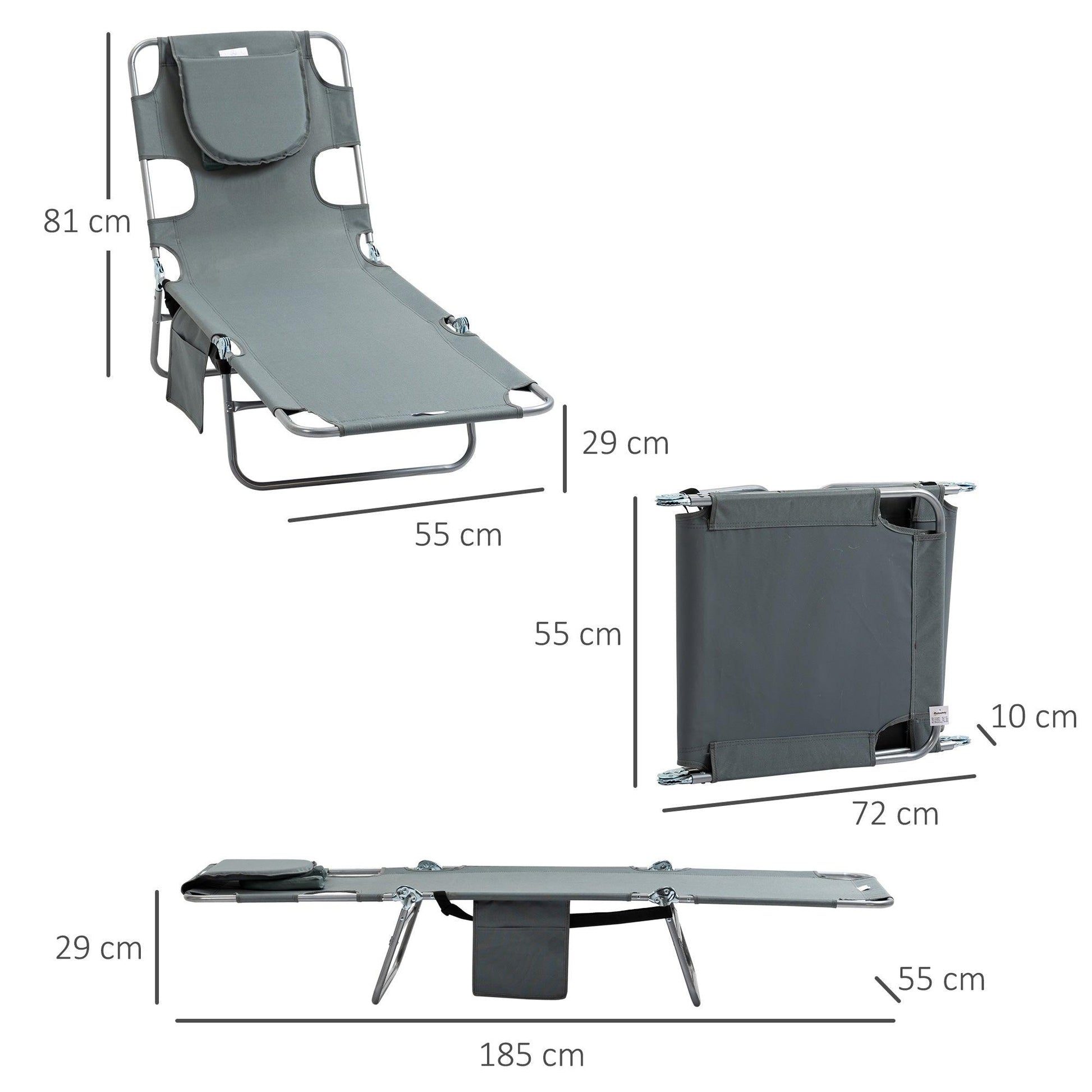 Outsunny Beach Lounge Chair with Arm Slots, 5-Position Adjustable Backrest, Grey - ALL4U RETAILER LTD