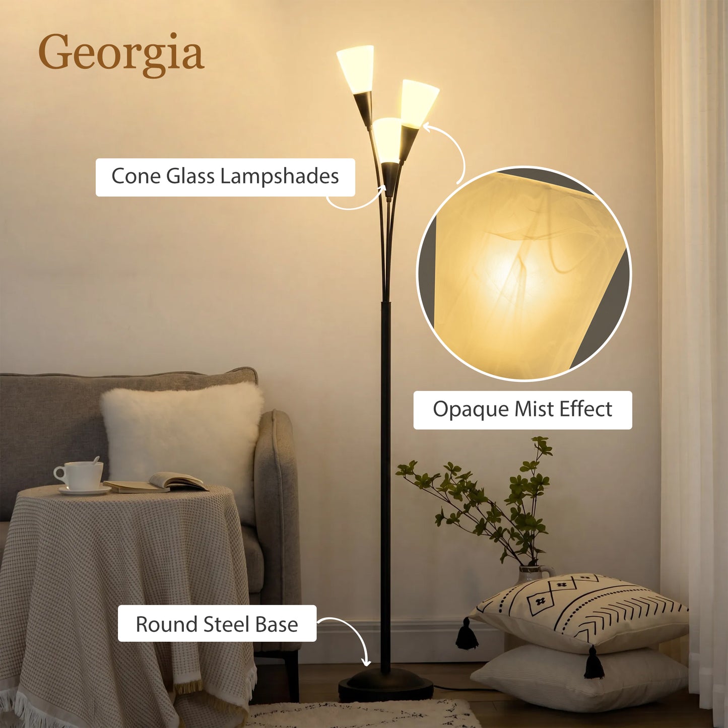 HOMCOM Modern Standing Lamp 3 Light Upright Floor Lamp for Living Room Black with Cone Shades