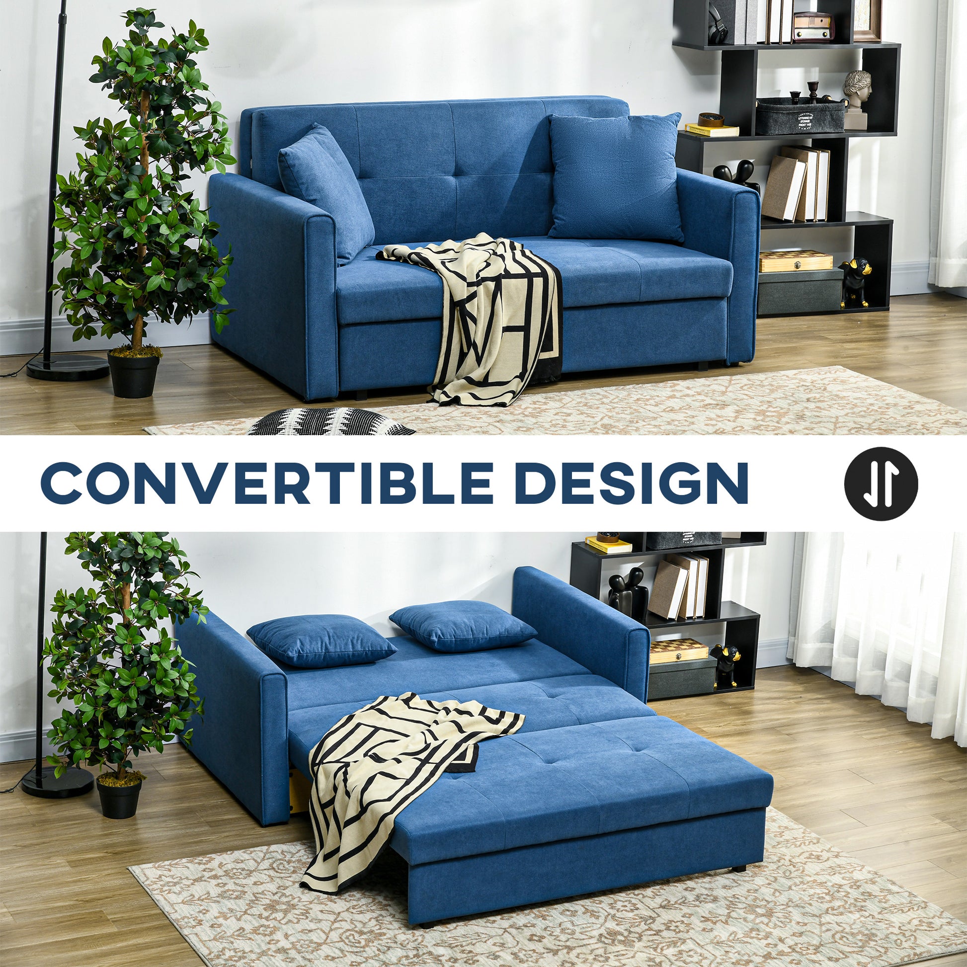 HOMCOM 2 Seater Sofa Bed Convertible Bed Settee Modern Fabric Loveseat Couch with Cushions Hidden Storage Guest Room Dark Blue - ALL4U RETAILER LTD