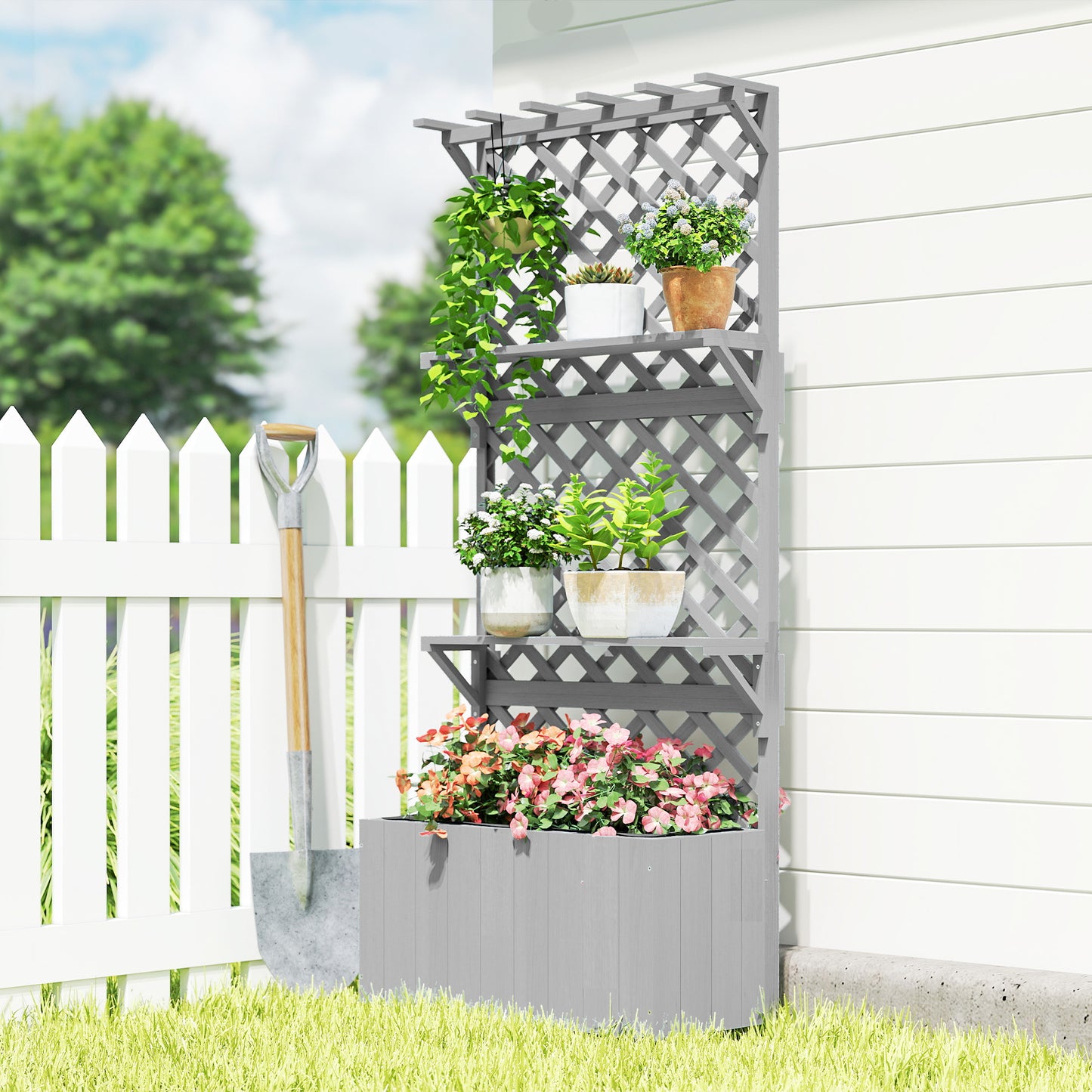 Outsunny 52L Fir Wood Planter With Trellis And Shelves Grey For Outdoor Use All Year
