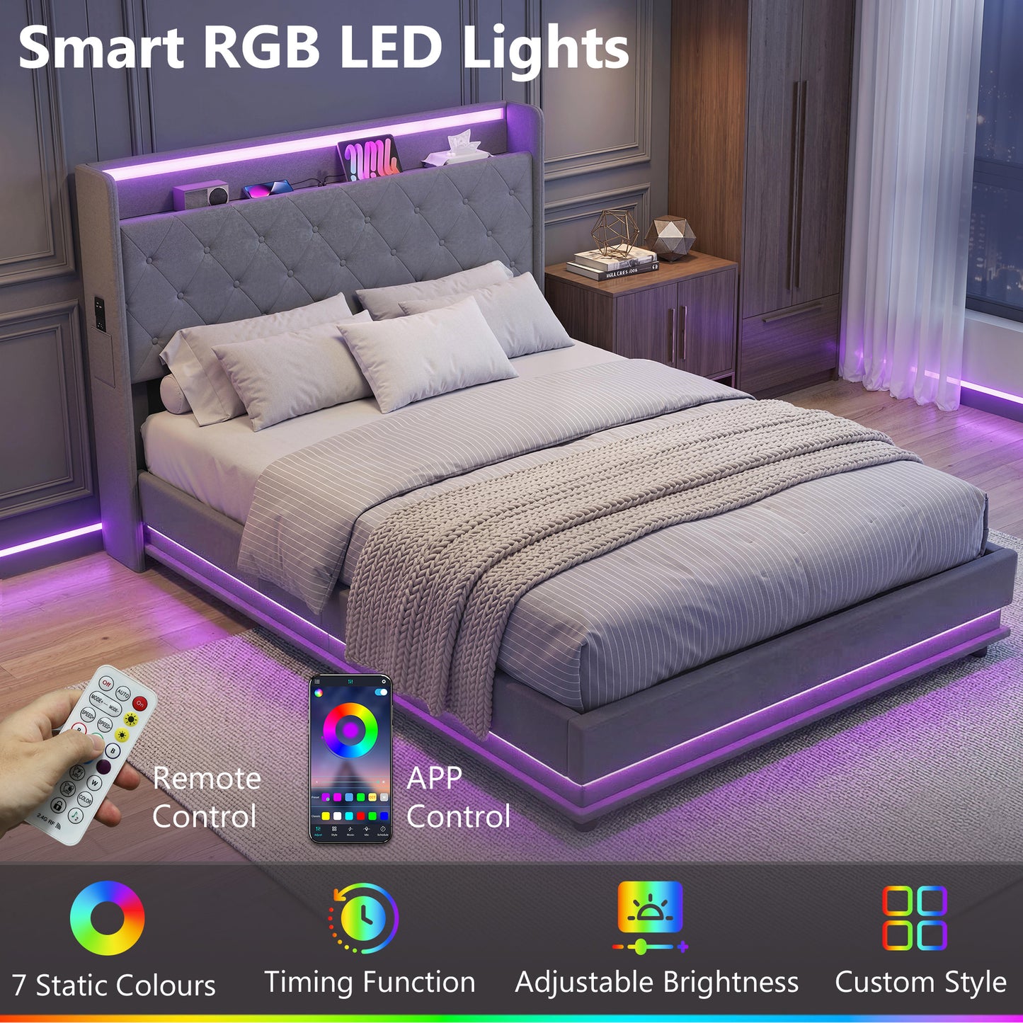 HOMCOM 4ft6 Double Bed Frame With Headboard And Hydraulic Storage LED Lights And USB Charging Station Grey