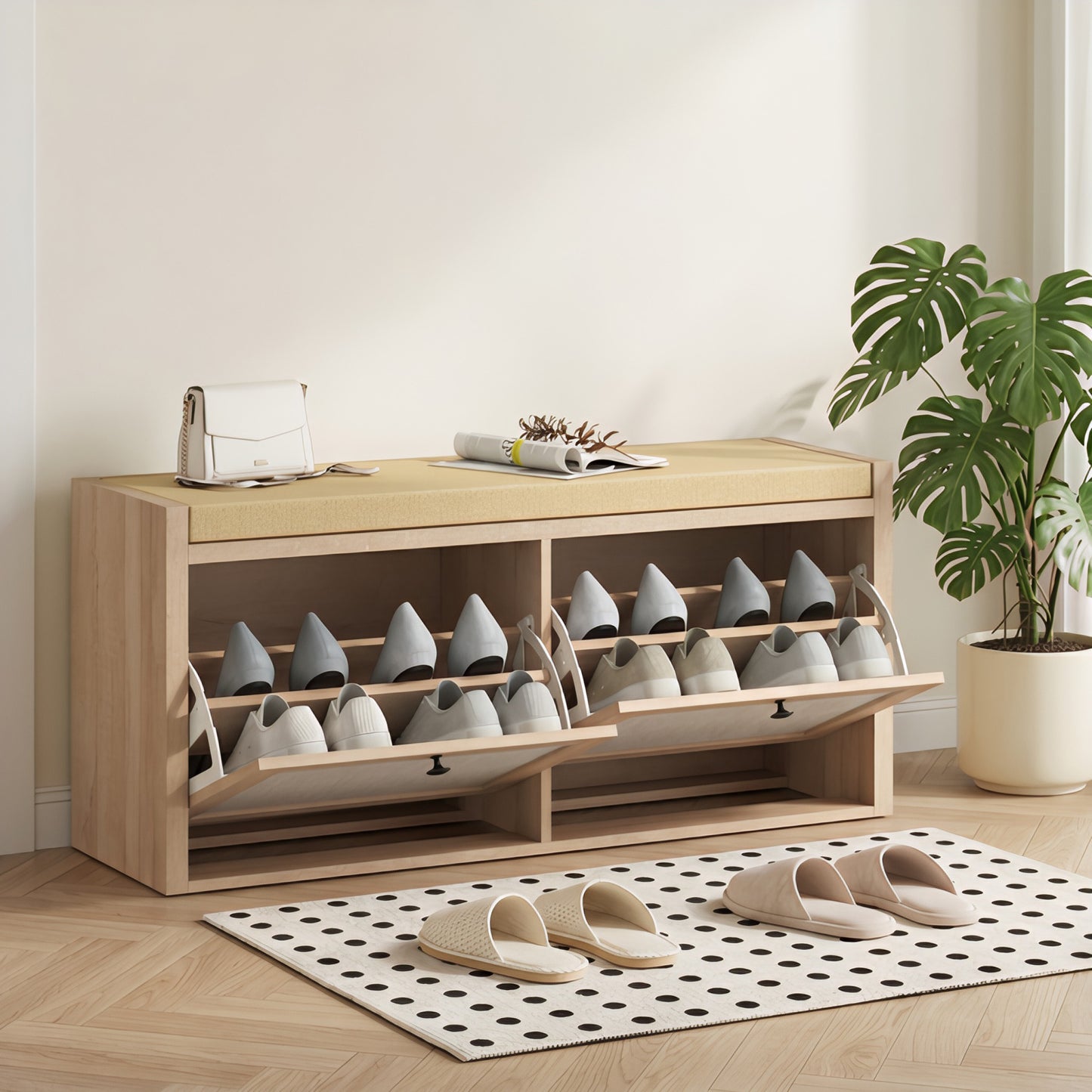 HOMCOM Rattan Shoe Bench With Padded Cushion And Hidden Storage Cabinets For Hallway In Oak Wood Effect