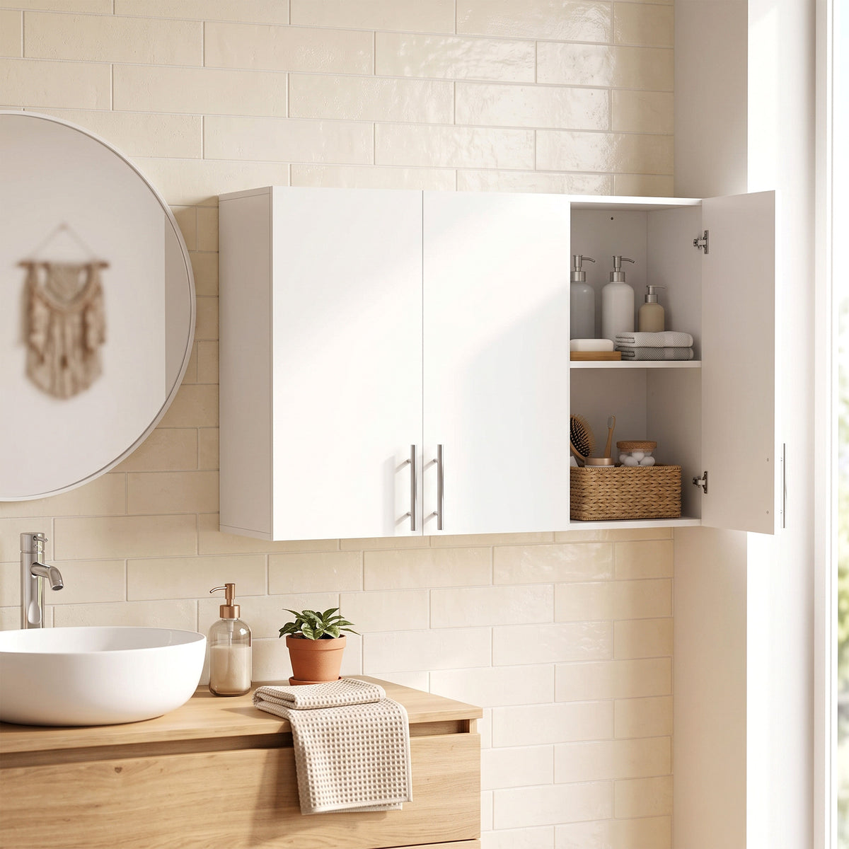 Wall-mounted white bathroom cabinet with three hinged doors and adjustable shelf
