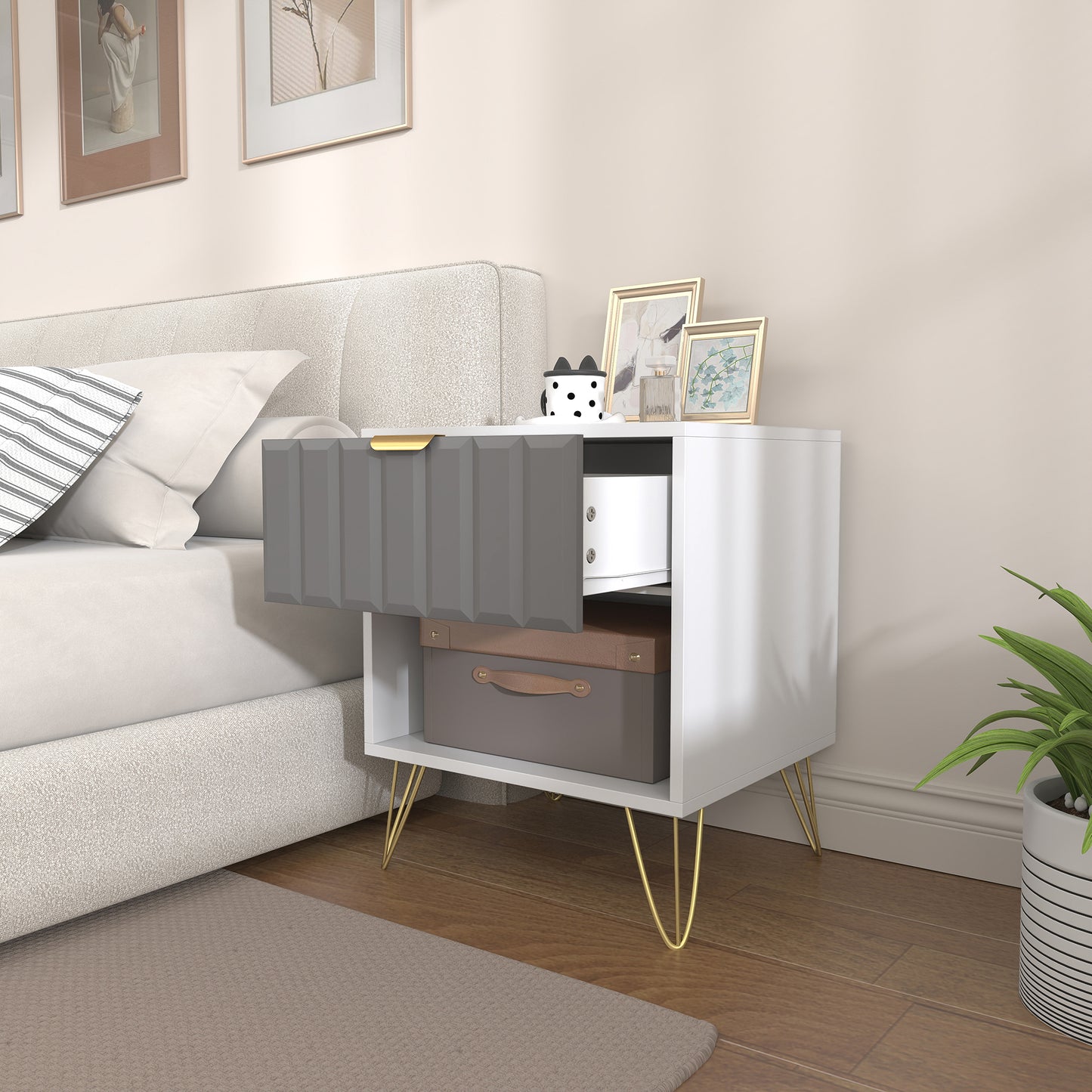 HOMCOM White Bedside Table With Drawer And Open Shelf Cabinet Modern Nightstand 45 x 40 x 55 cm