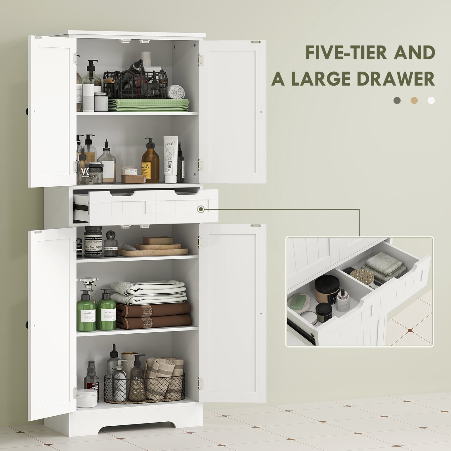 HOMCOM Tall White Bathroom Storage Cabinet With Drawer And Double Cupboards For Bathroom Or Kitchen Pantry And Sideboard
