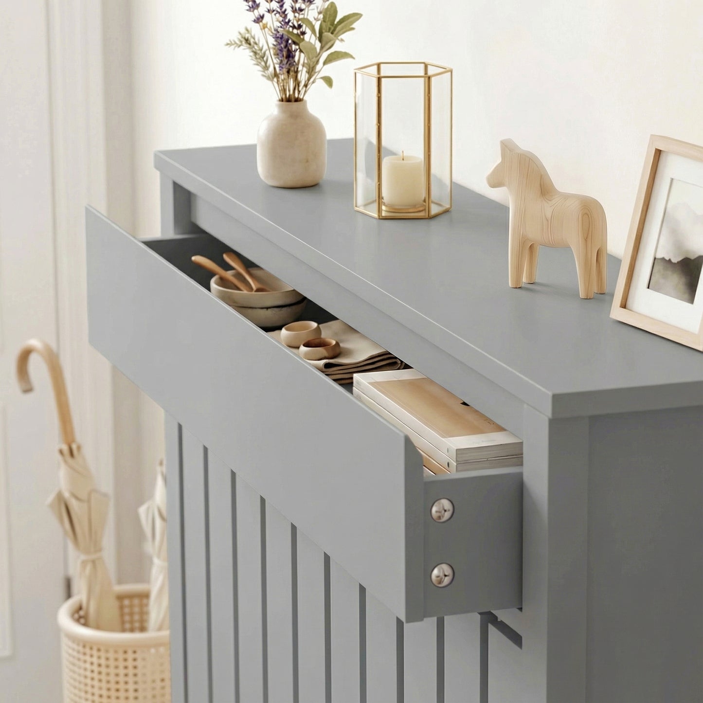 HOMCOM Rustic Grey Radiator Cover 93 By 88.5 Cm MDF Vertical Slat Design For Efficient Heat Escape