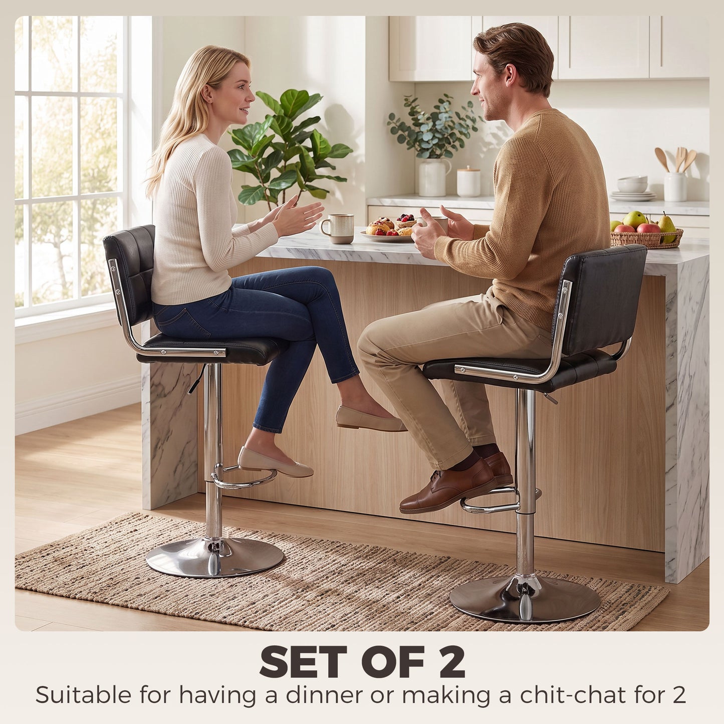 Black PU leather bar stools with backrests, chrome bases, counter seating set of 2