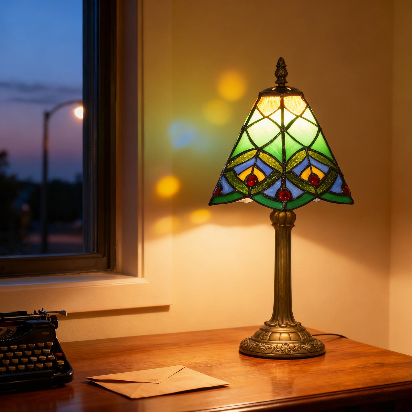 HOMCOM Tiffany Style Table Lamp Geometric Patterns Handcrafted Antique Stained Glass Bedside Lamp Green E27 Socket