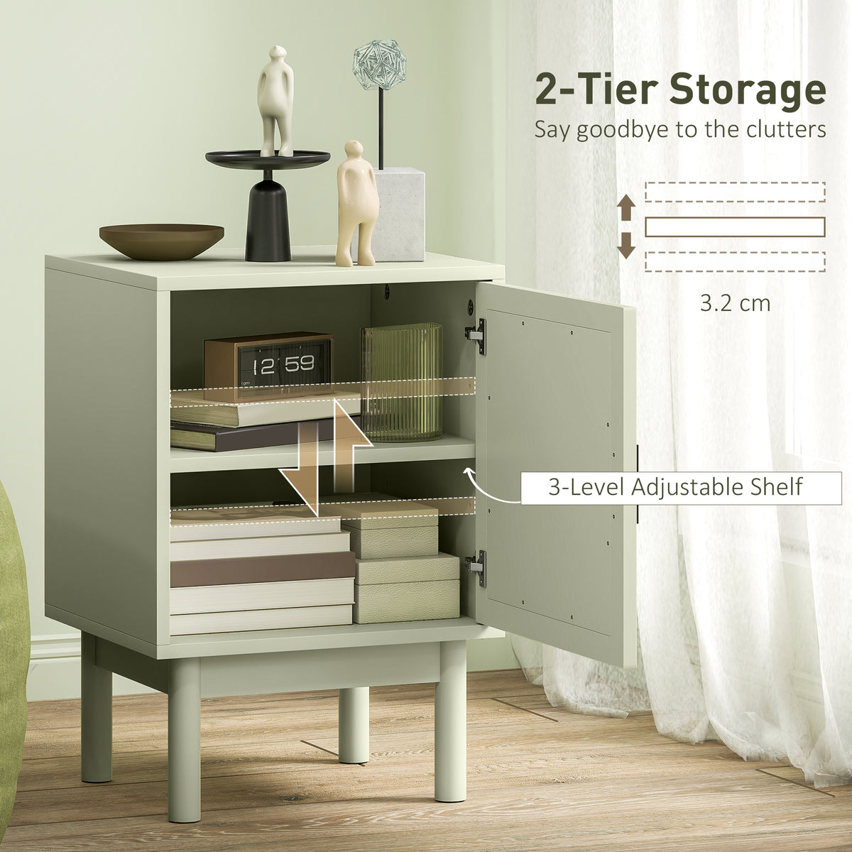 HOMCOM 2 Piece Rattan Bedside Table Set Light Green With Adjustable Shelf