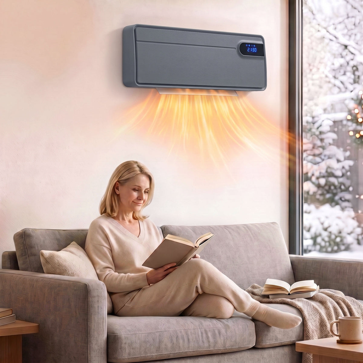 Wall-mounted space heater blowing warm air from front vents with small LED display