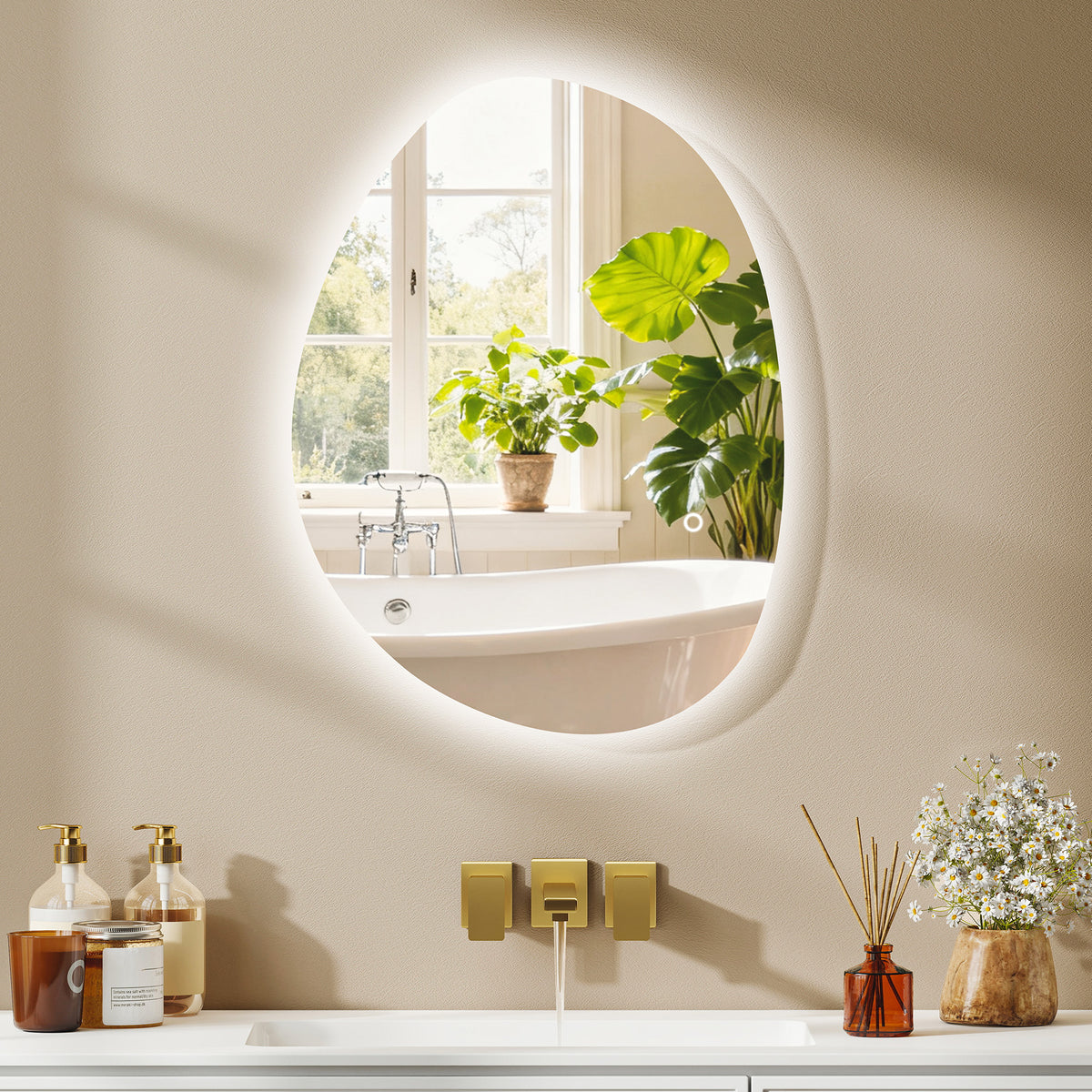 Oval LED bathroom mirror showing soft backlit glow around the mirror edge.
