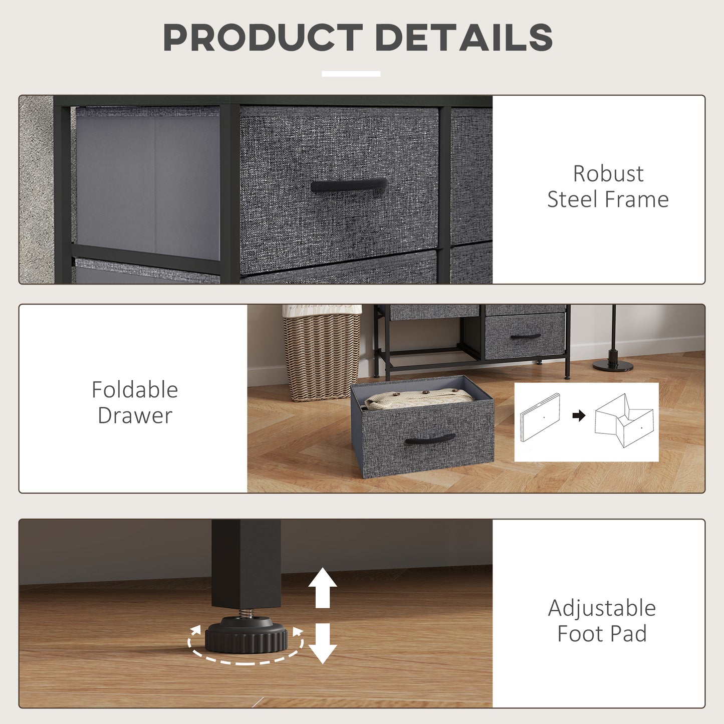 HOMCOM Fabric Chest Of Drawers With Steel Frame And Wooden Top Six Fabric Drawers Industrial Dresser Black