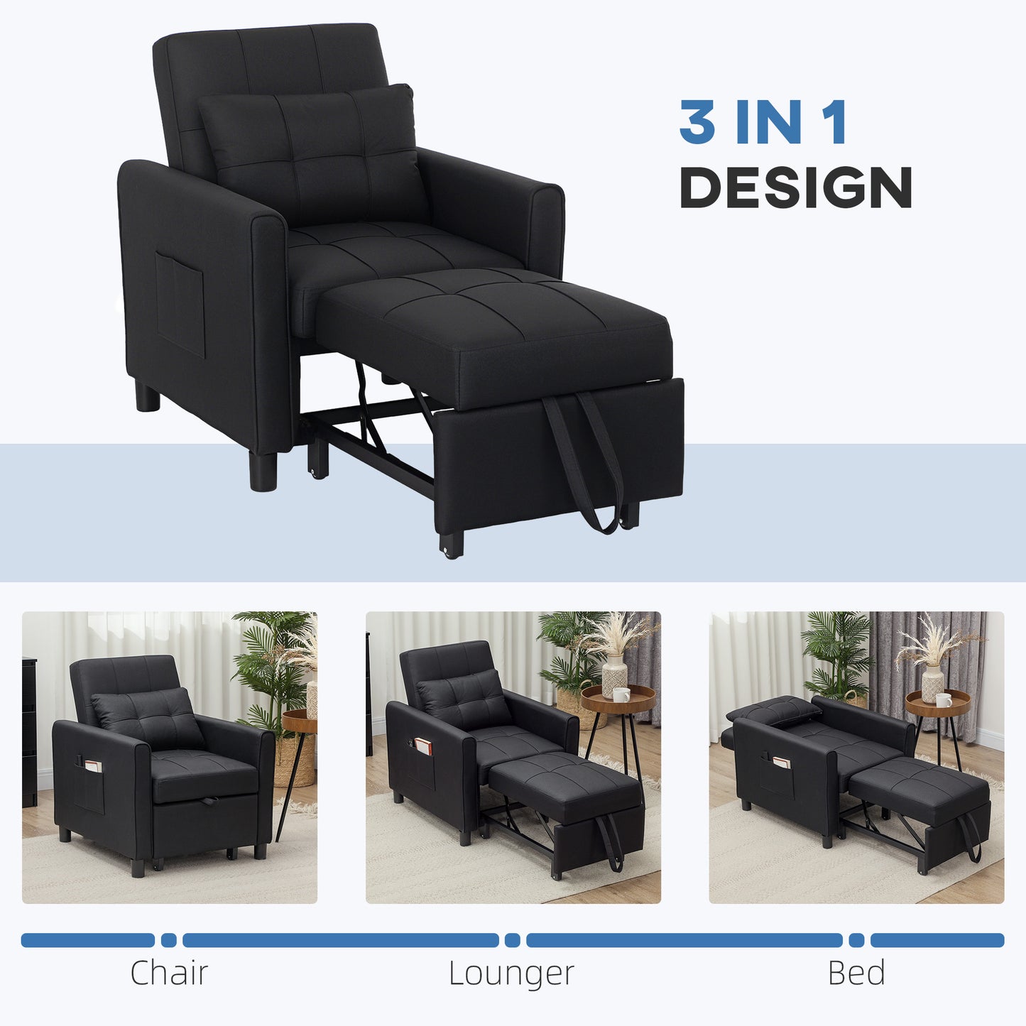 HOMCOM Linen Look 3 In 1 Single Chair Bed With 11 cm Thick Adjustable Back And Eucalyptus Wood Frame Black