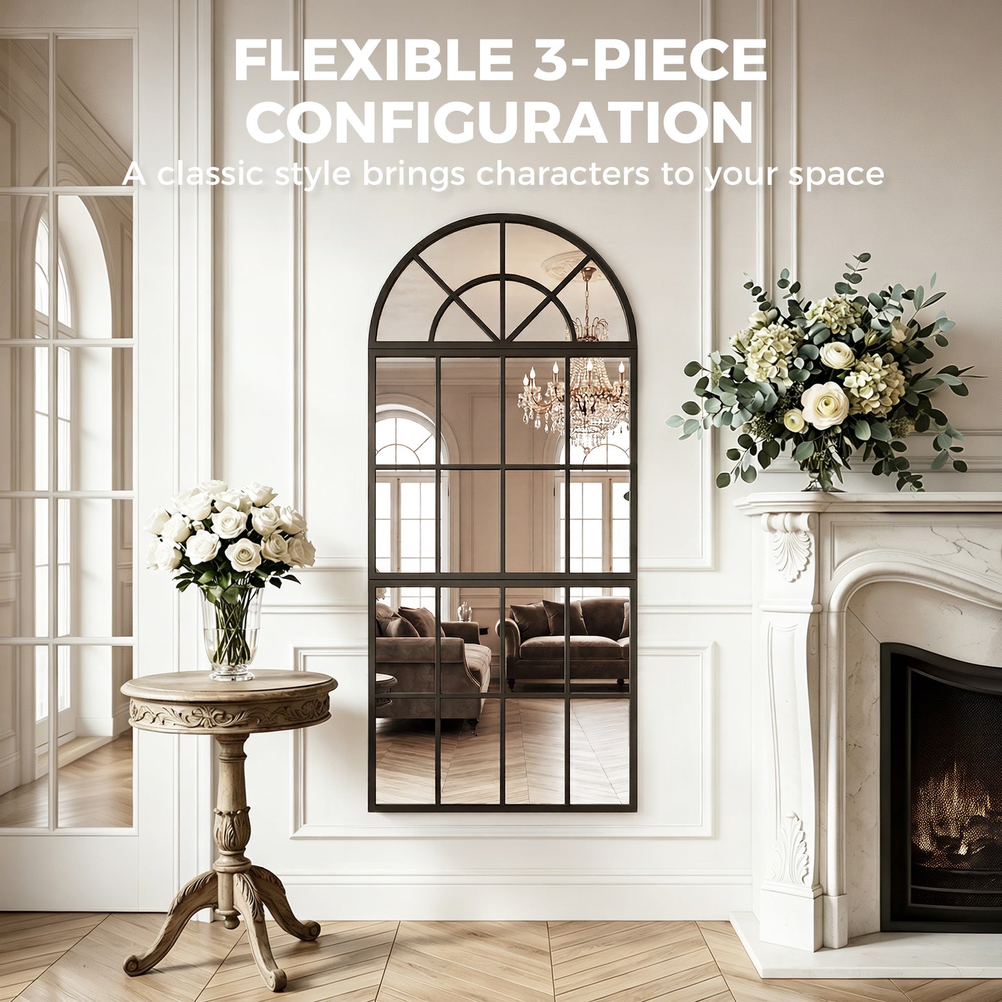 HOMCOM Large Arched Wall Mirror Set With Metal Grid 3 Piece Split Window Mirrors 120 x 54 cm Black