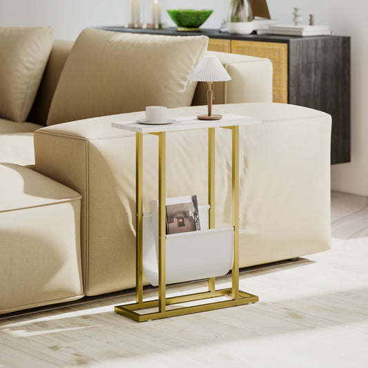 HOMCOM Narrow Side Table With Magazine Holder End Table For Small Spaces Living Room Bedroom White Marble Grain