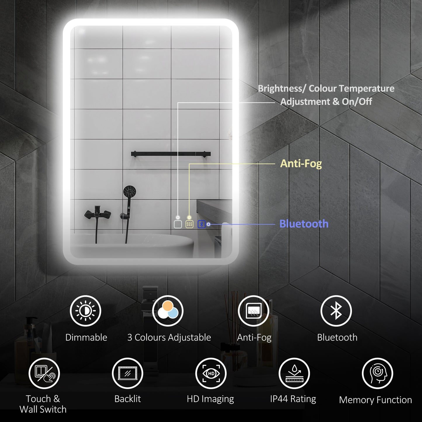 HOMCOM 70 x 50cm LED Bathroom Mirror With Bluetooth Demister Pad Adjustable Brightness Silver Tone
