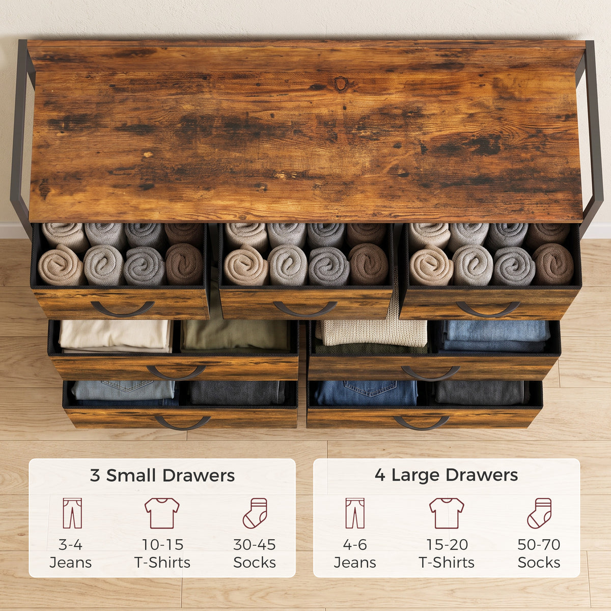 7-drawer fabric chest with open storage drawers and folded fabric liners, rustic brown top