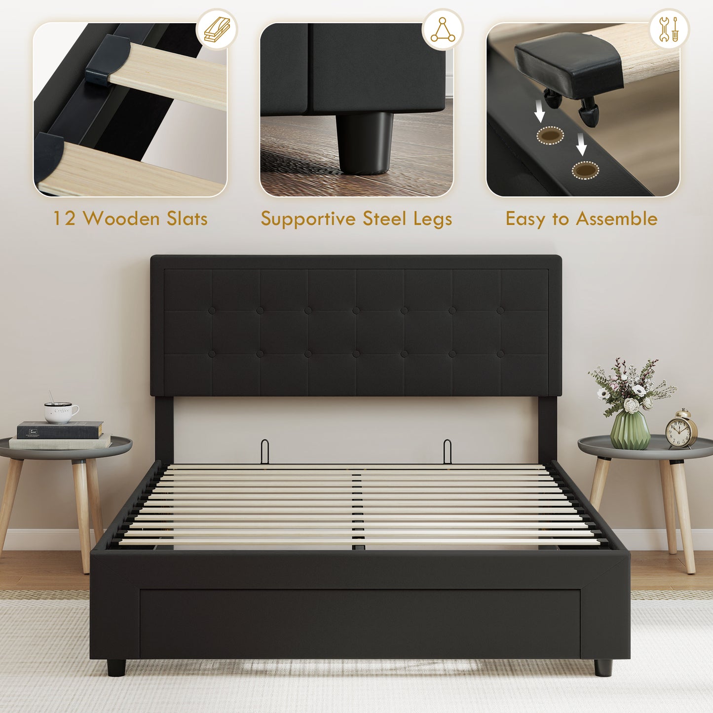 HOMCOM Double Ottoman Bed Frame With Front Storage Drawer And Gas Lift Mechanism Black
