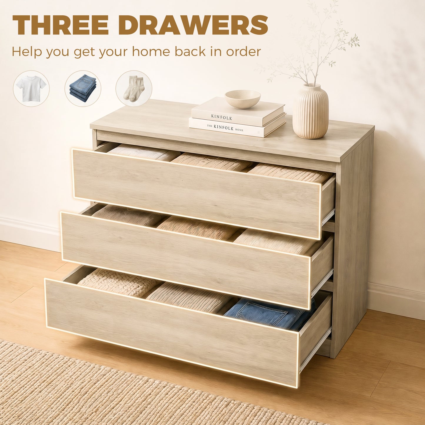 HOMCOM 3 Drawer Storage Organiser Unit Oak Chest Of Drawers For Bedroom Living Room 80x39x73 cm