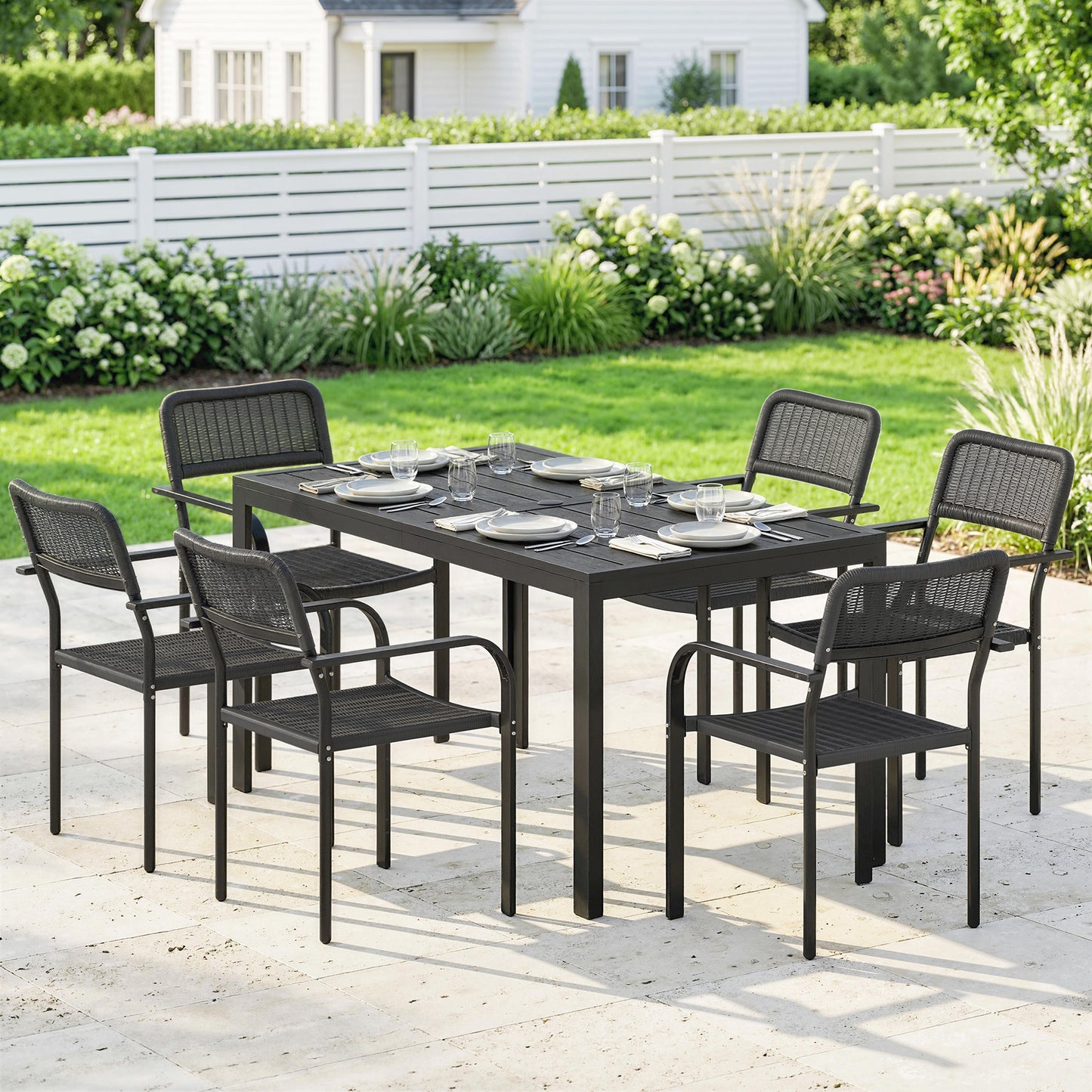 Outsunny Outdoor Garden Dining Set For Six With Faux Wood Table And Stackable Metal Chairs Rattan Effect Seats Black