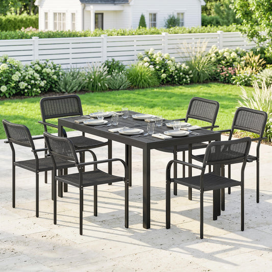 Outsunny Outdoor Garden Dining Set For Six With Faux Wood Table And Stackable Metal Chairs Rattan Effect Seats Black