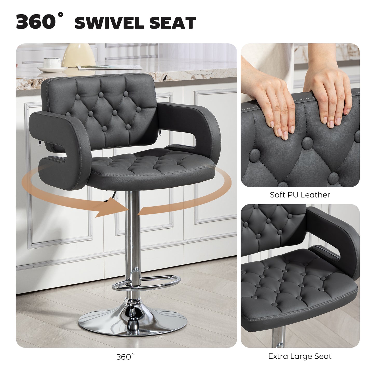 HOMCOM PU Leather Upholstered Swivel Bar Stool With Height Adjustable Backrest Armrests Footrest Grey