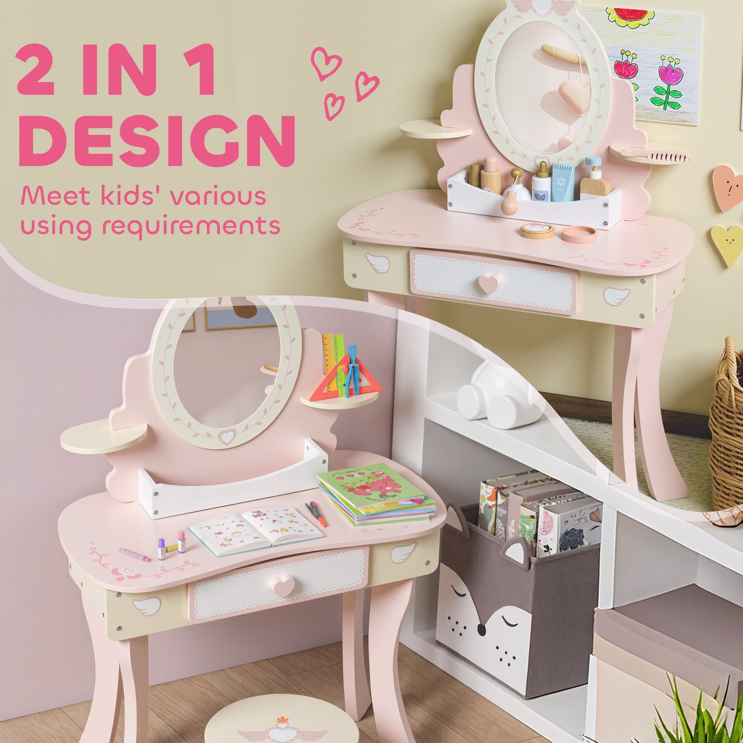AIYAPLAY Kids Dressing Table Vanity Set With Mirror And Stool Pink Girls Desk With 7 Accessories And Storage