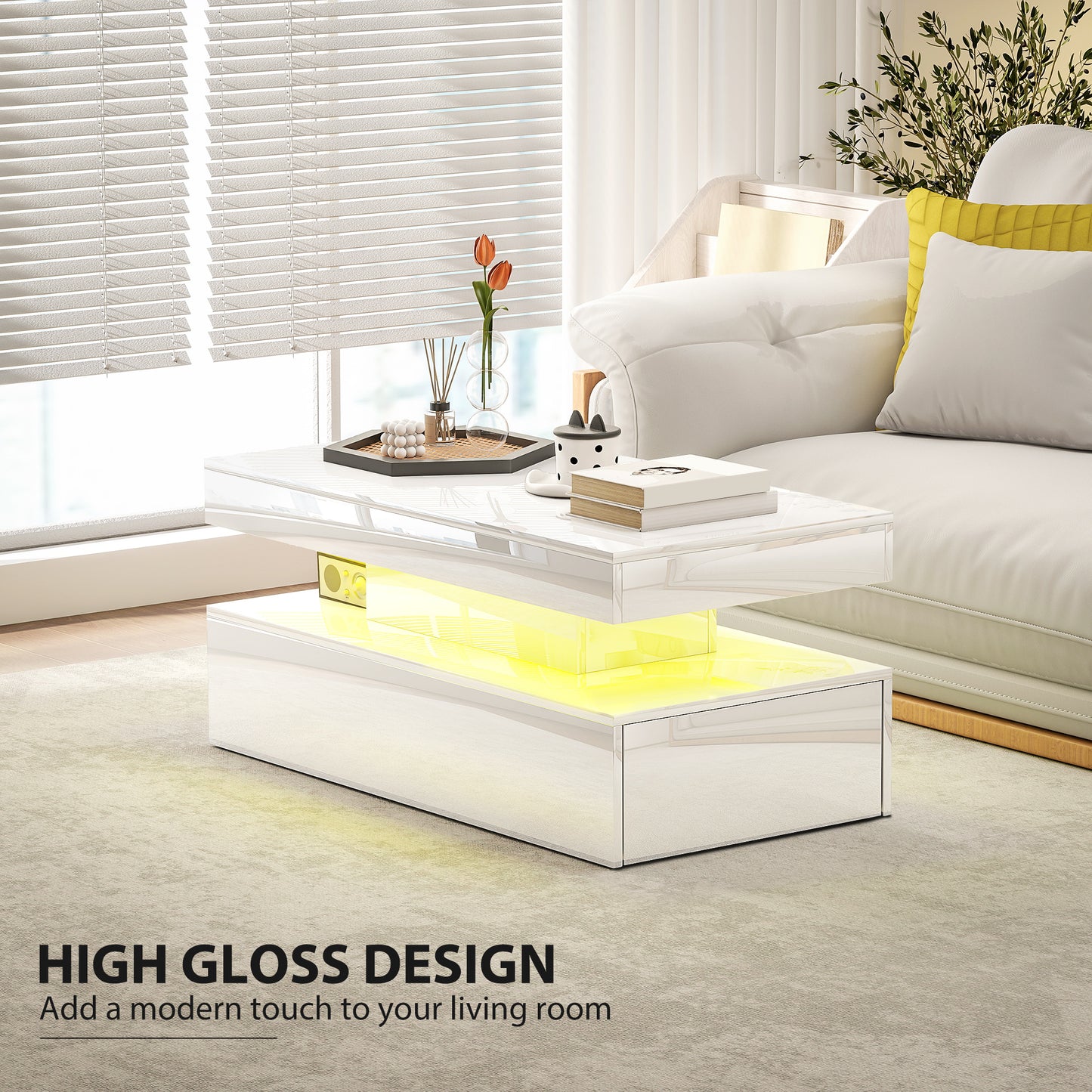 HOMCOM LED Coffee Table With Storage High Gloss White Modern Minimalist Design With RGB Lighting