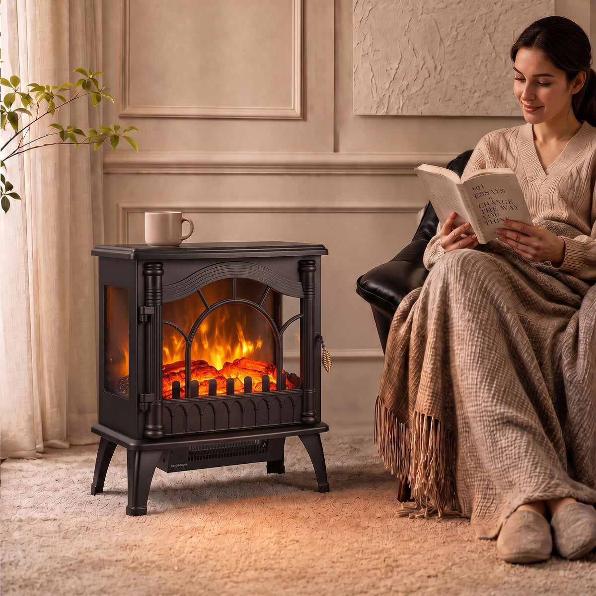 Black 3-sided glass electric fireplace stove heater with flame effect, front view