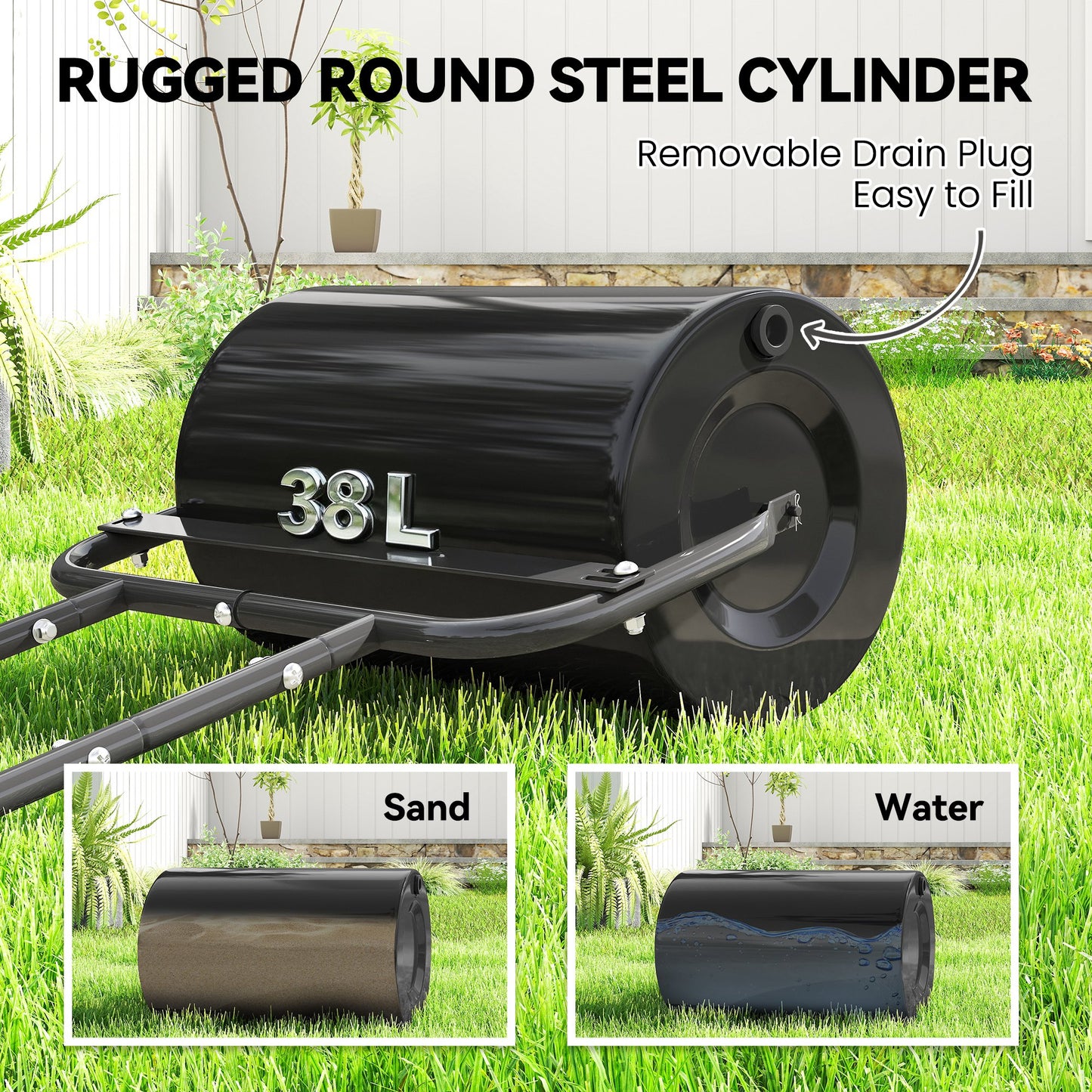 Outsunny 38L Fillable Cylinder Steel Lawn Roller Black for Flattening Lawns and Seedbeds