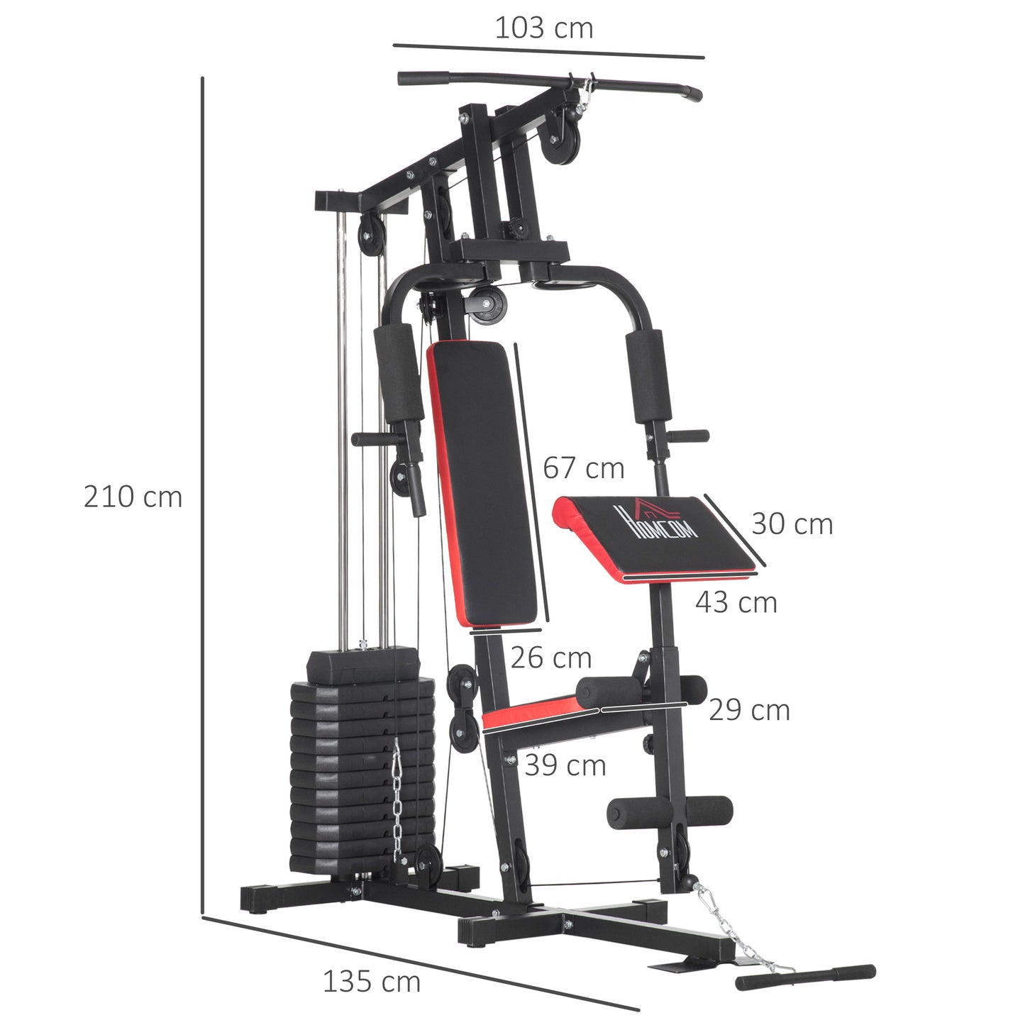 HOMCOM Full Body Strength Training Multi Gym with 66kg Weight Stack, Home Fitness Machine in Red - ALL4U RETAILER LTD