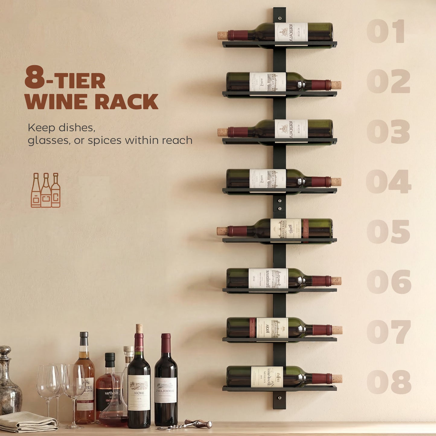 HOMCOM Wall Mounted 8 Tier Metal Wine Rack Display Holder For Kitchen Black Space Saver