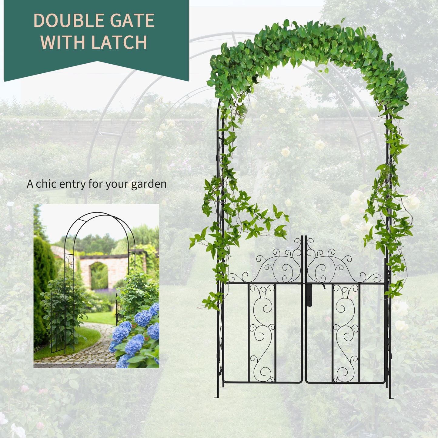 Outsunny Metal Garden Arch Double Gates for Climbing Plants Roses and Vines Wedding Arch Black 125L x 38W x 227H cm