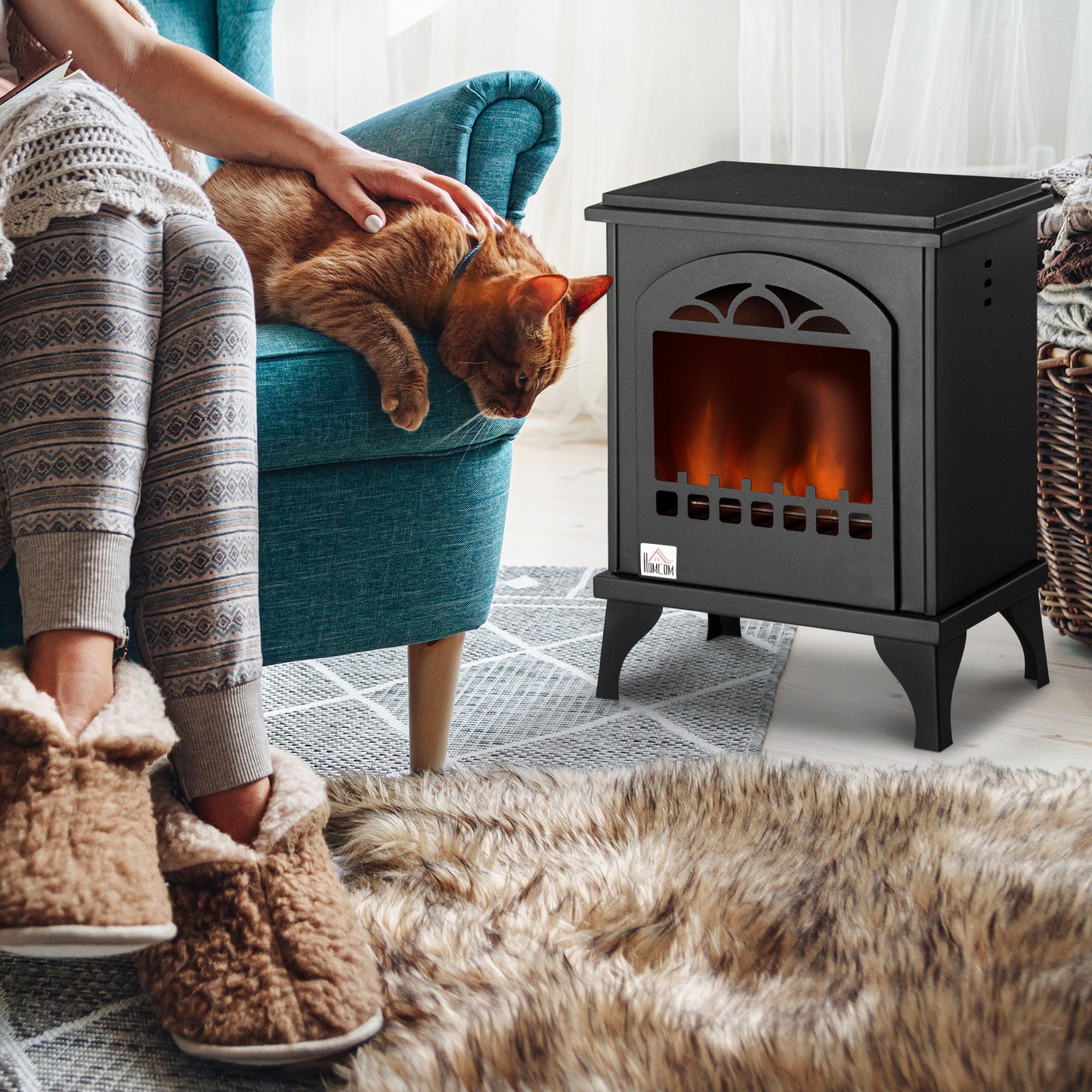HOMCOM Free Standing Ethanol Fireplace Portable Bioethanol Heater Stove With 0.9L Tank 3 Hours Burn Time Black