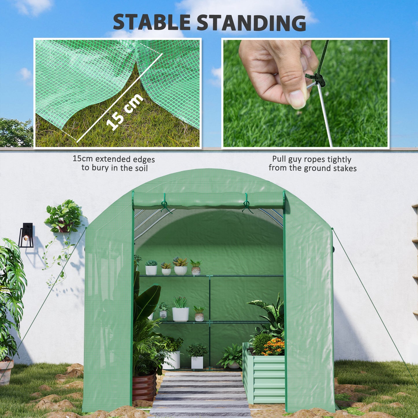 Outsunny 9.8 By 6.6 Ft Walkin Polytunnel Greenhouse Green With Three Roll Up Doors And Mesh Windows 140gsm Cover