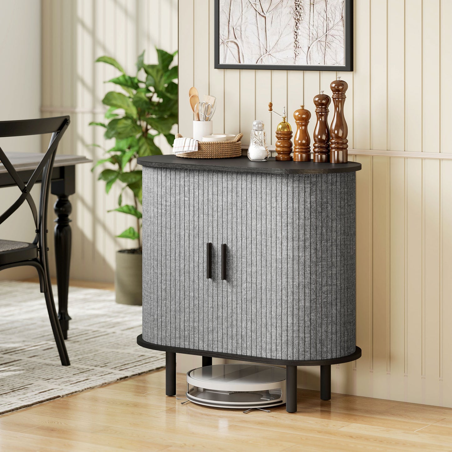HOMCOM Tambour Sideboard With Fluted Sliding Doors Modern Kitchen Cupboard With Storage Shelves And Wooden Legs Grey