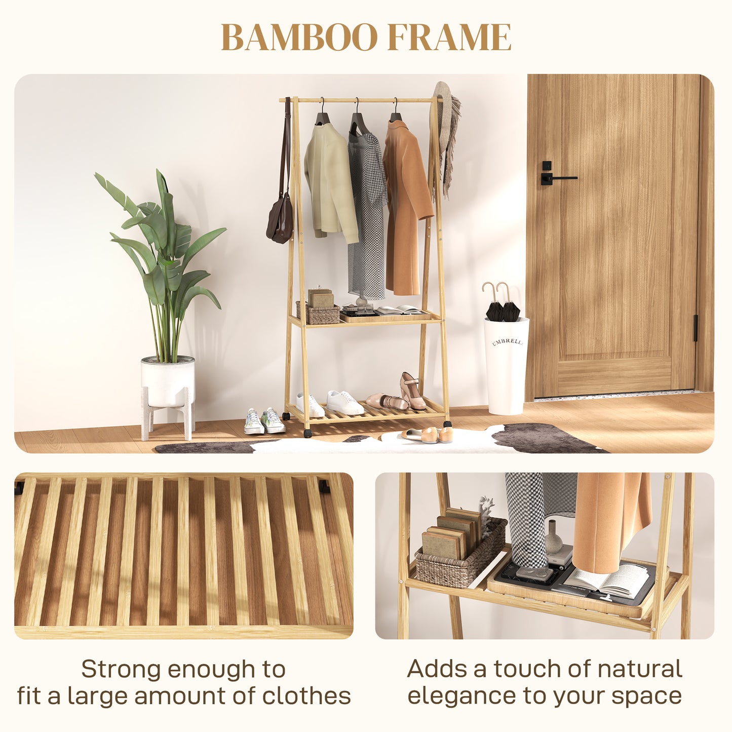 HOMCOM Bamboo Clothes Rack With Shelves And Hooks A Frame Space Saving Organizer Wardrobe And Living Area Natural Finish