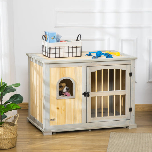 PawHut Grey and Yellow Wooden Dog Crate End Table, 95x65.5x70.5cm - ALL4U RETAILER LTD