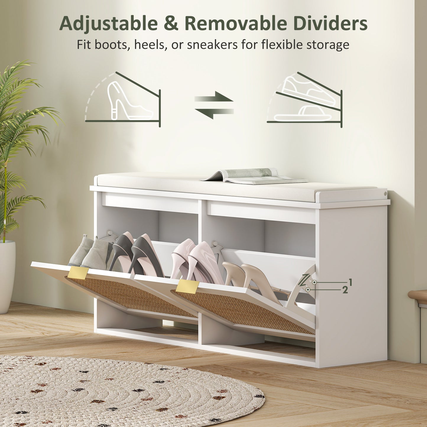 HOMCOM Boho Shoe Bench With Padded Seat And Two Flip Drawers White Entryway Organizer