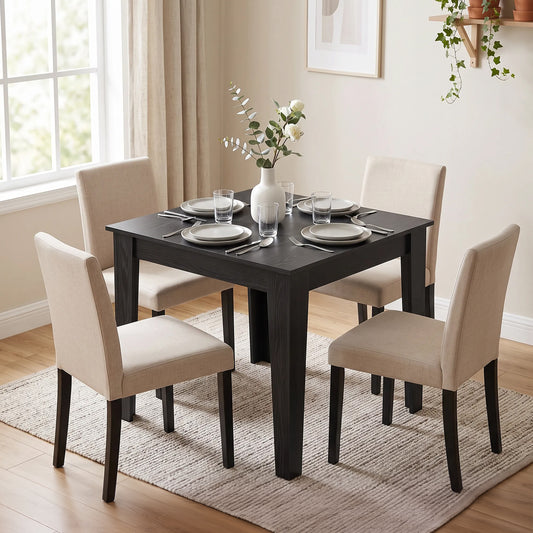 Square dining table with dark wood-effect top and four beige upholstered chairs