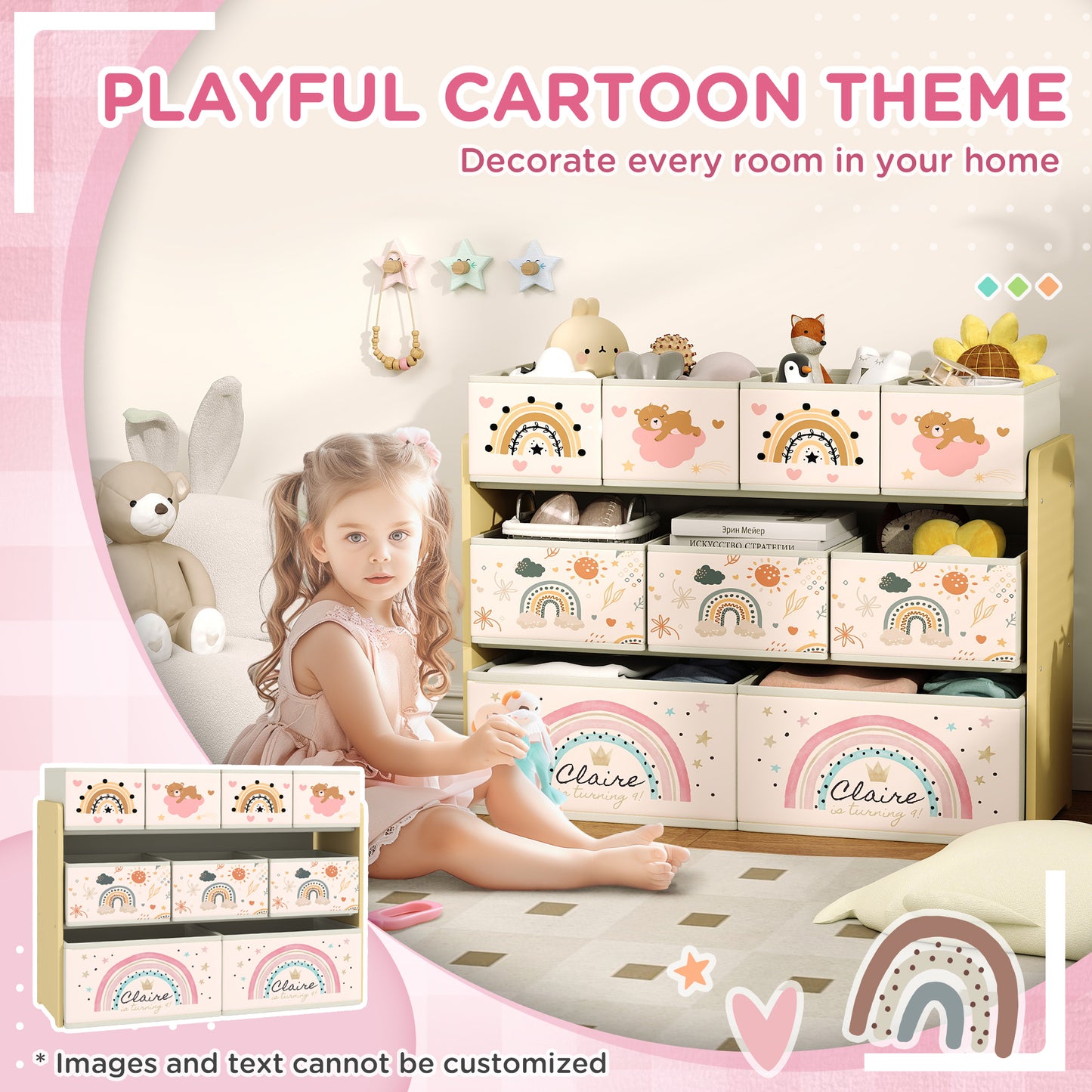 AIYAPLAY 3 Tier Kids Storage Unit With 9 Nonwoven Fabric Boxes For Toys Books Clothes Bedroom Nursery Yellow