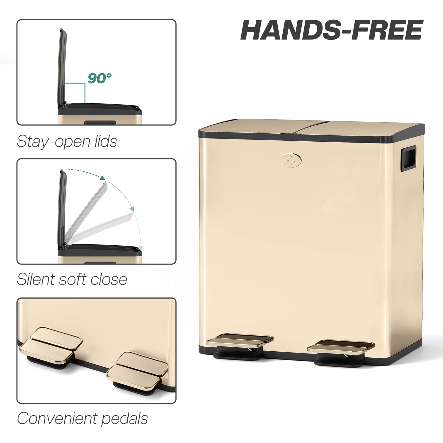 Homcom 40L Dual Compartment Stainless Steel Bin With Deodoriser Holders Gold Tone
