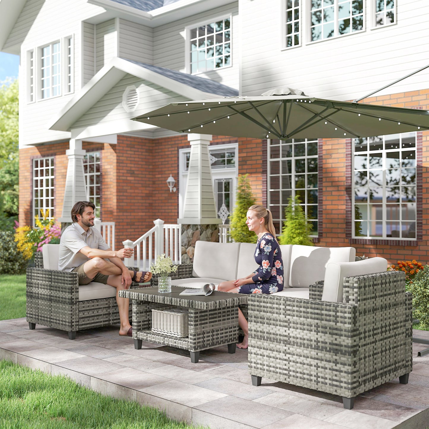 Outsunny Six Piece Modular Rattan Sofa Set With Coffee Table In Light Grey For Outdoor Patio