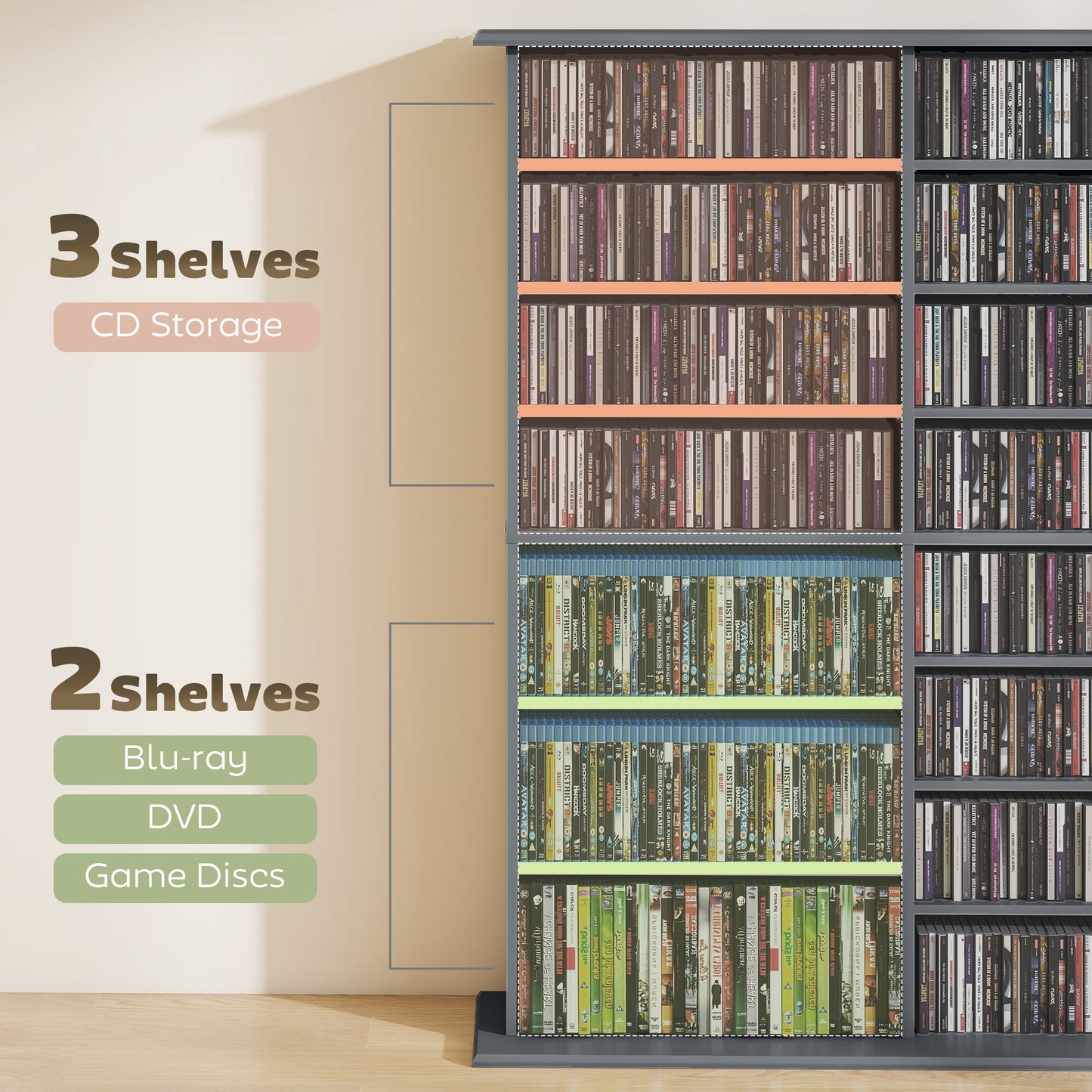 HOMCOM 16 Compartment Media Shelf Grey With 12 Adjustable Shelves Holds 720 CDs 396 DVDs Or Blu Rays Anti Tip Straps