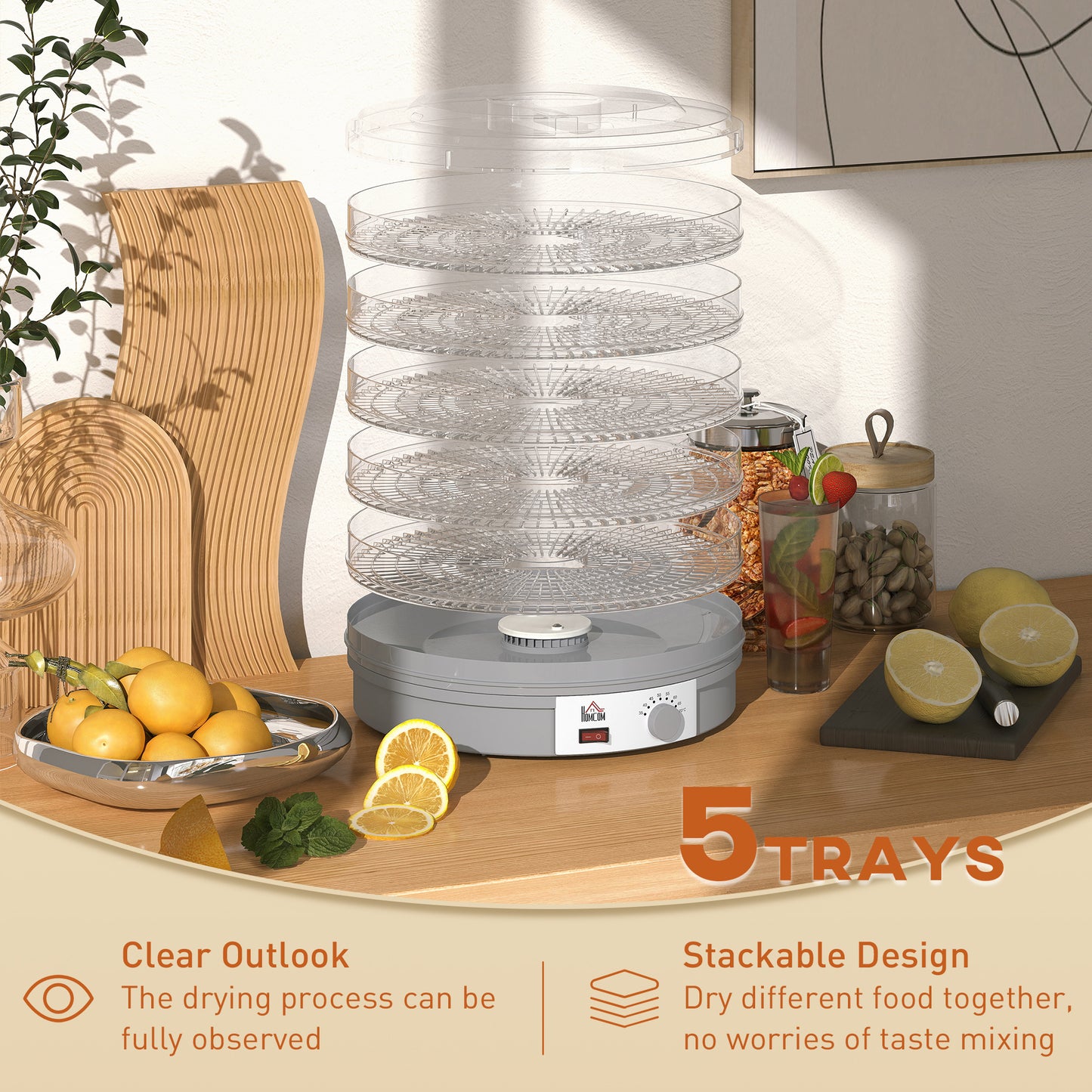 HOMCOM 5-Tier Food Dehydrator 245W With Adjustable Temperature 35 To 70 C For Fruit Meat Veg Jerky And Pet Treats Grey
