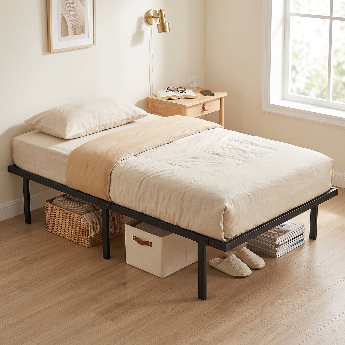 HOMCOM 3ft Single Bed Frame With Underbed Storage And Steel Slat Support No Box Spring Needed