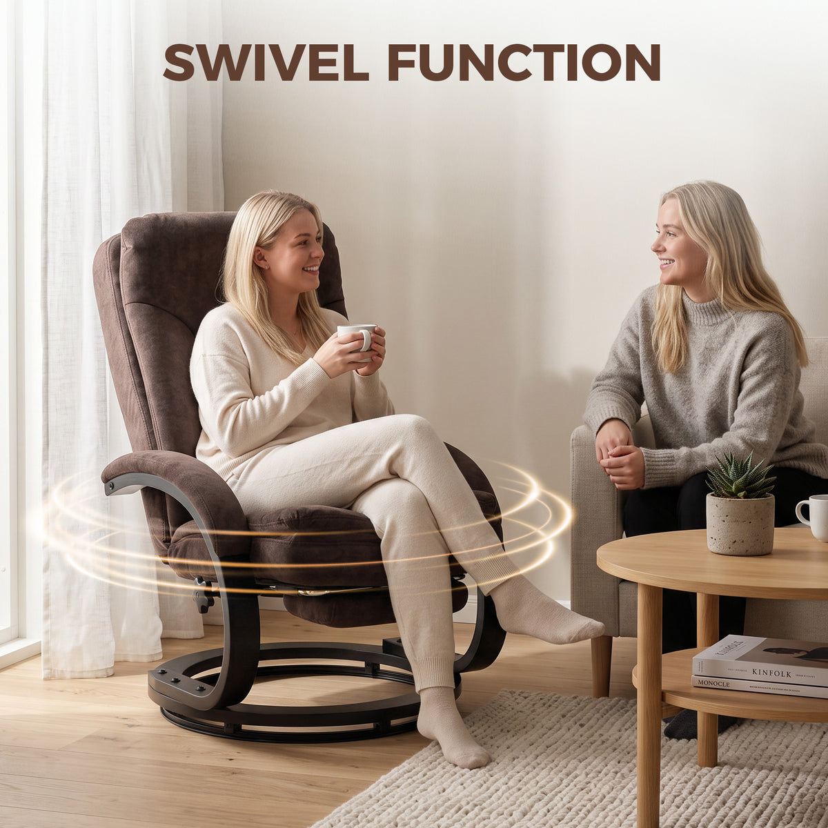 Dark brown velvet swivel recliner chair with retractable footrest, swiveling motion