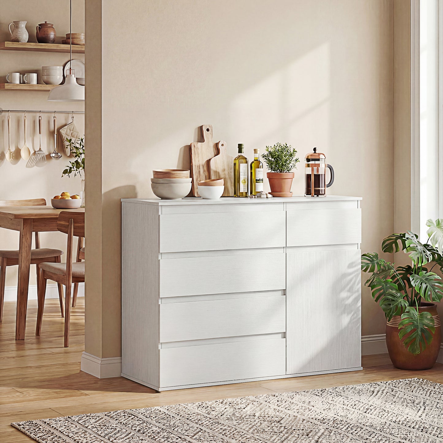 HOMCOM Modern Sideboard Storage Cabinet With Five Drawers Soft Close Doors And Adjustable Shelf White